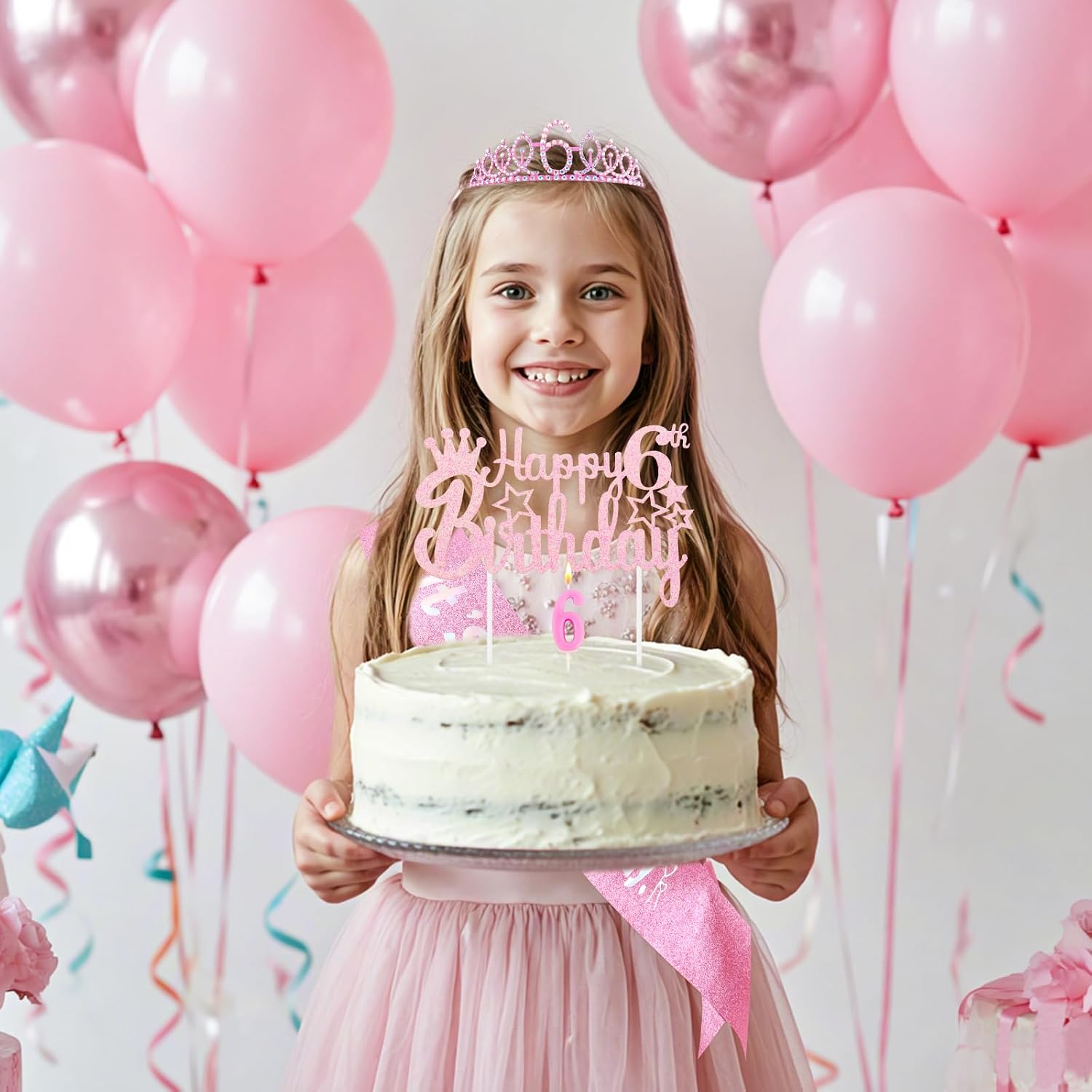 6th Birthday Party Decorations Set for Girls- Pink Crown, Glitter Sash, Number 6 Candle & Cake Topper Kit for Birthday Celebrations Party Supplies Gift