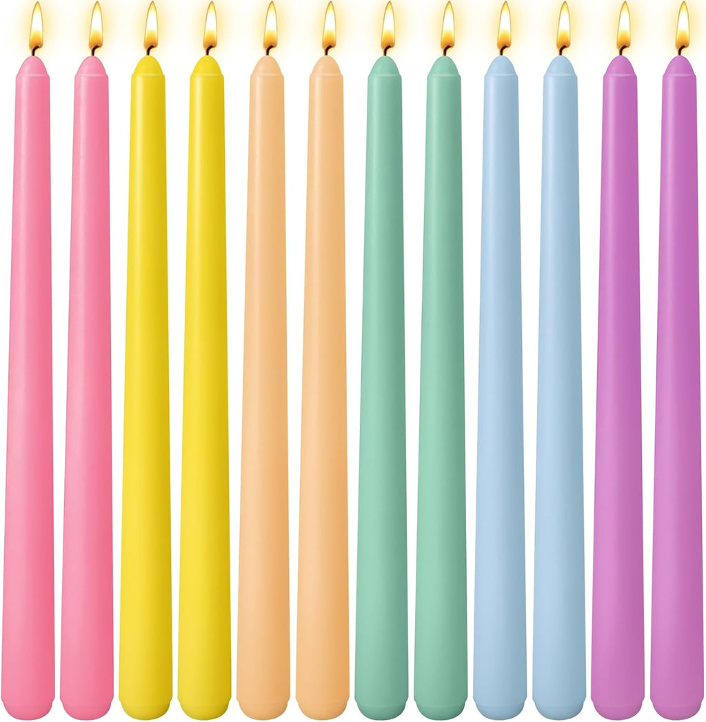 12 Pack 10 inch Multi-Color Taper Candle Set for Holiday Dinner Party, Unscented Long Candlesticks, Dripless and Smokeless, 7-8 Hours Burn