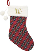 20" Classic Plaid Christmas Stockings Initial Monogram Embroidered Stockings with Pom Pom Ball for Christmas Fireplace Decor and Xmas Gift (M)