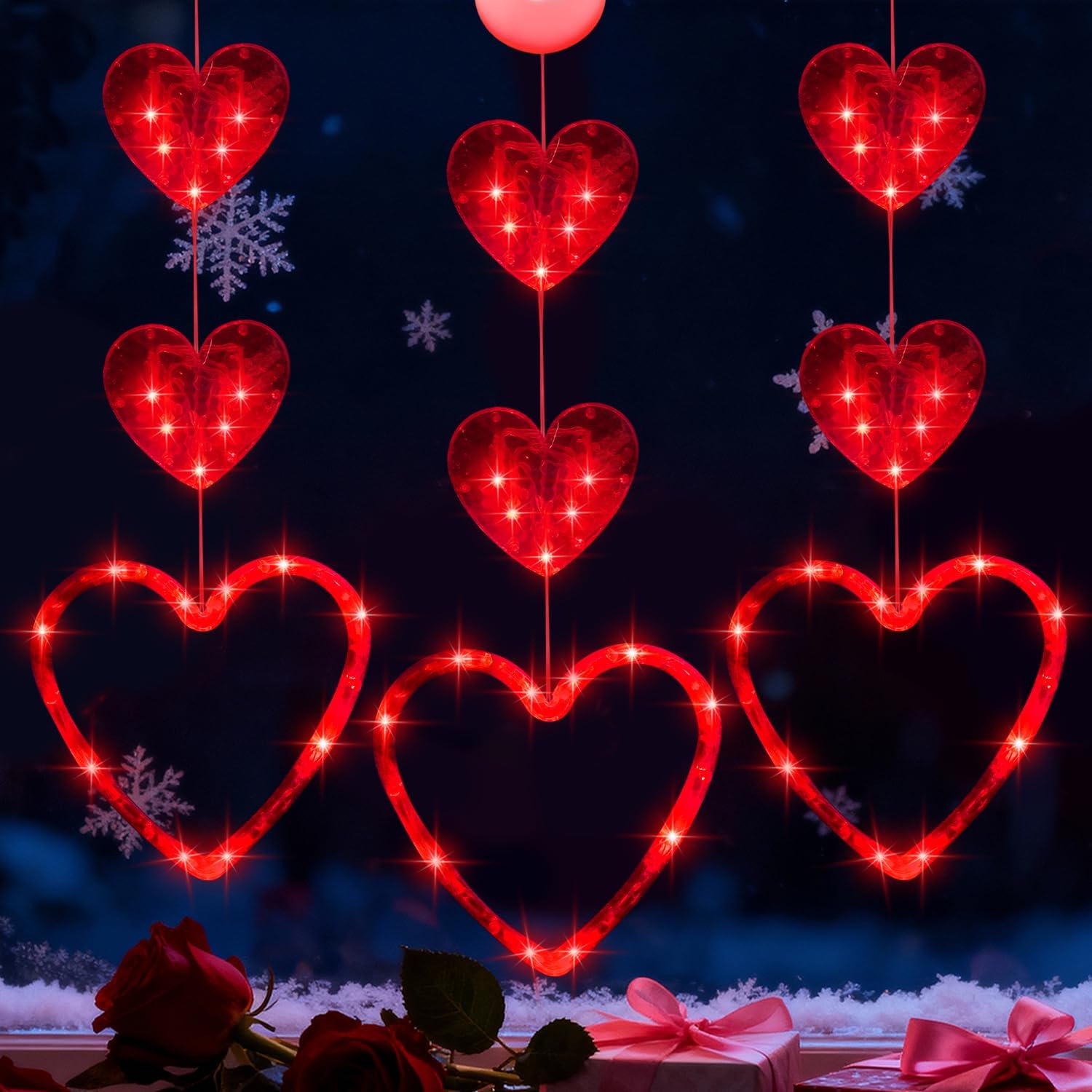 Artmag 3 Pcs Valentines Day Window Lights Decorations with Timer, Three Hearts Shaped Silhouette Battery Powered Hanging Led Lamp for Valentine's Day Lover Home Decor Red
