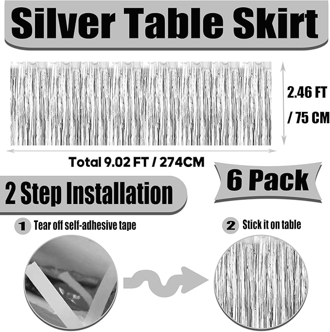 6 Pack 29x108 Inch Metallic Foil Fringe Tinsel Table Skirts Banner for Rectangle Tables Streamer Garland Curtains Backdrop for Wedding, Birthday, Parade Floats, Christmas Party Decoration(Silver)