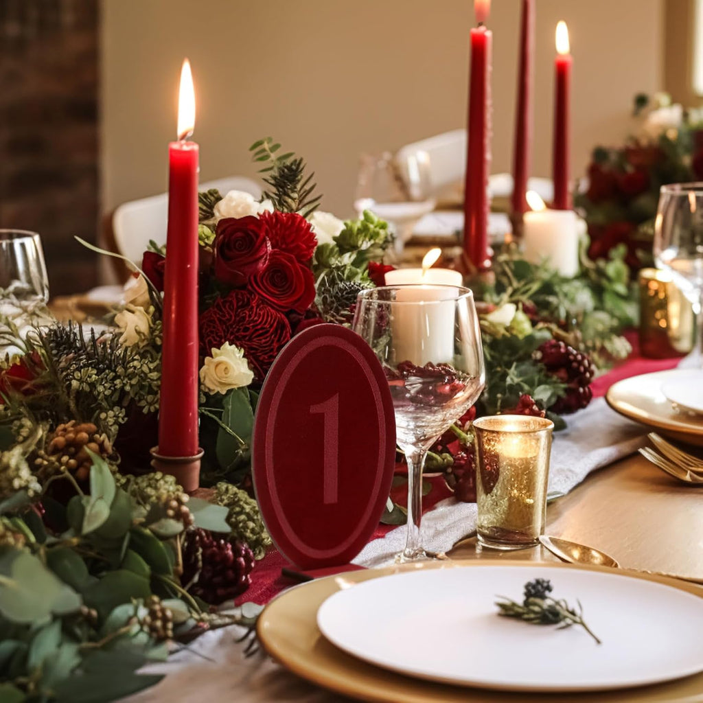 Yookeer Wedding Velvet Table Numbers 1-20 Wood Wedding Bar Sign with Stand Burgundy Oval Table Numbers for Reception Wooden Tables Markers for Anniversary, Event, Party