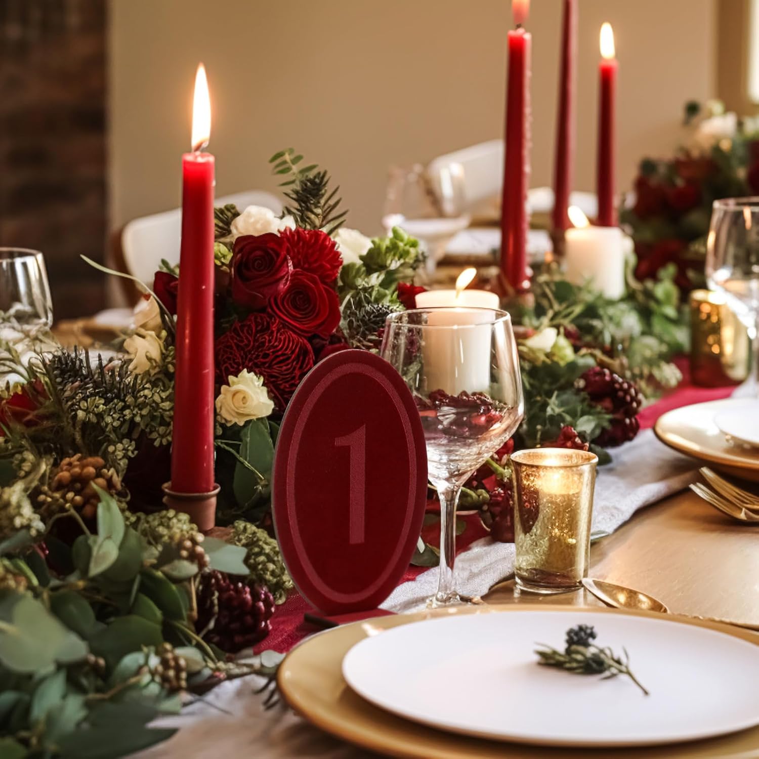 Yookeer Wedding Velvet Table Numbers 1-20 Wood Wedding Bar Sign with Stand Burgundy Oval Table Numbers for Reception Wooden Tables Markers for Anniversary, Event, Party
