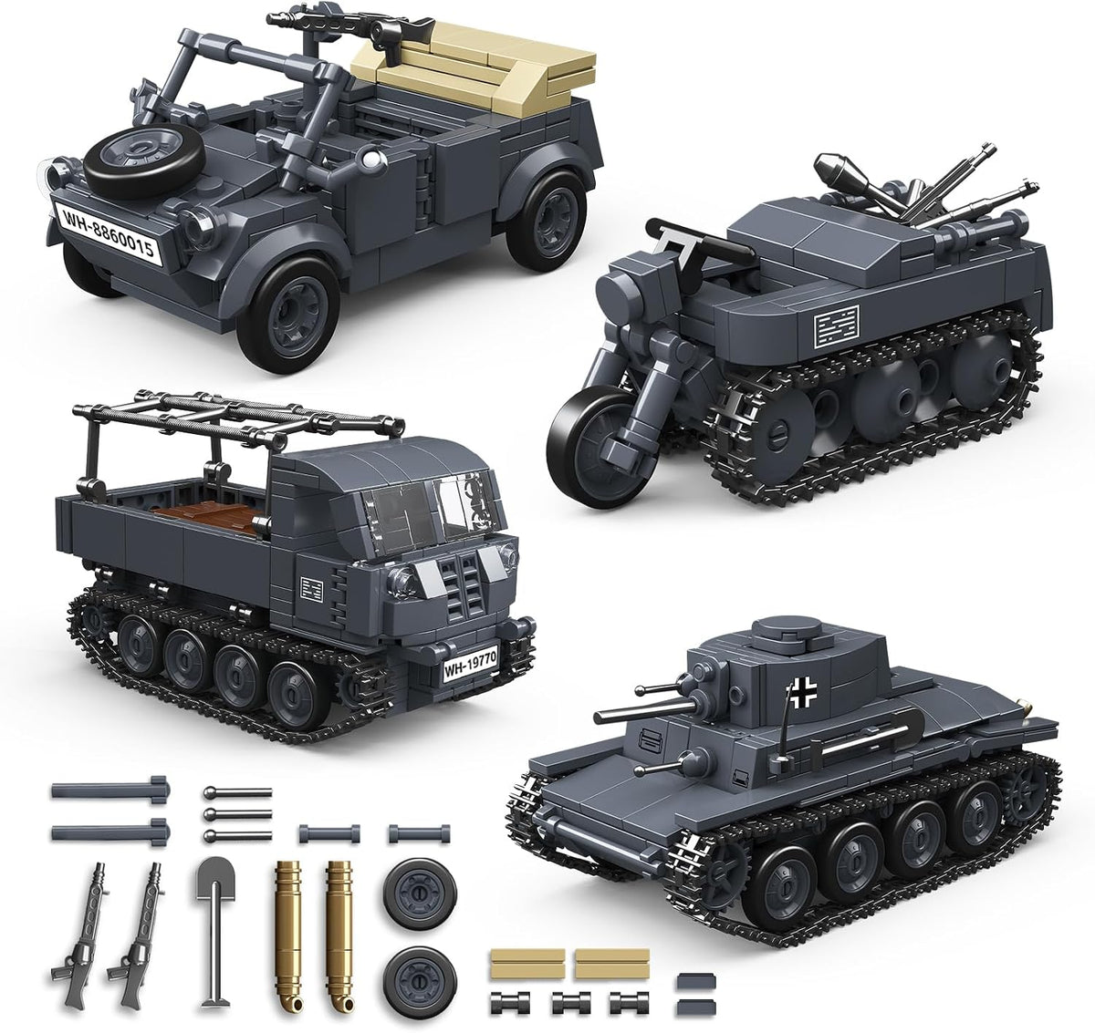 4 in 1 ww2 army tank building block shown in use