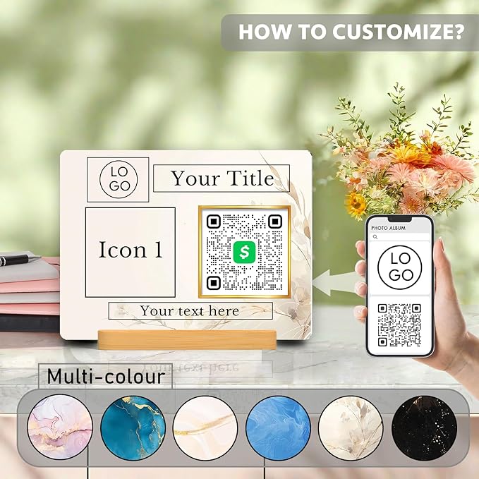 Personalized Custom Metal QR Code Sign Venmo Cashapp Scan to Pay with Stand Instagram Facebook Social Media QR Signs Bar Code QR Plaque Print for Business Salon Beauty Store Restaurant Wifi Sign (Horizontal 1)