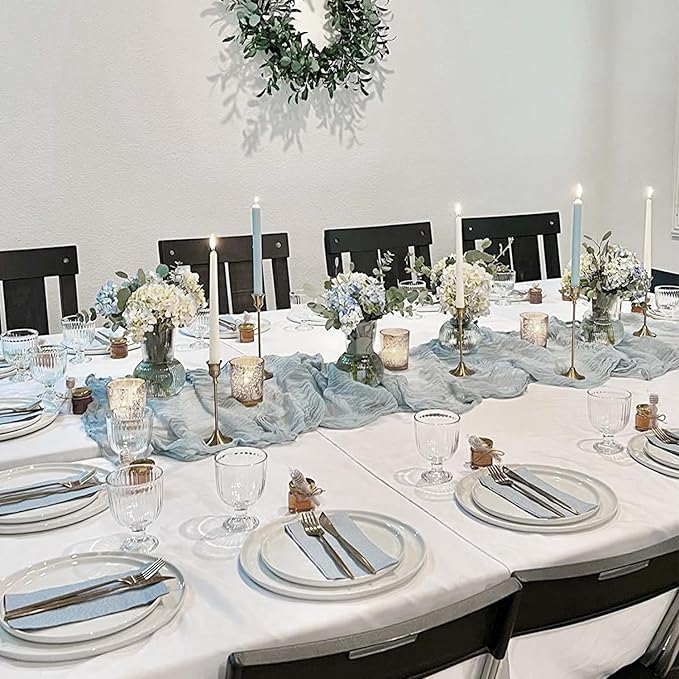 12 Pack Dusty Blue Cheesecloth Table Runners 35x120 Inch,10FT Boho Fall Thanksgiving Blue Gauze Table Runner Cheese Cloth for Wedding Party Baby Shower Home Decorations