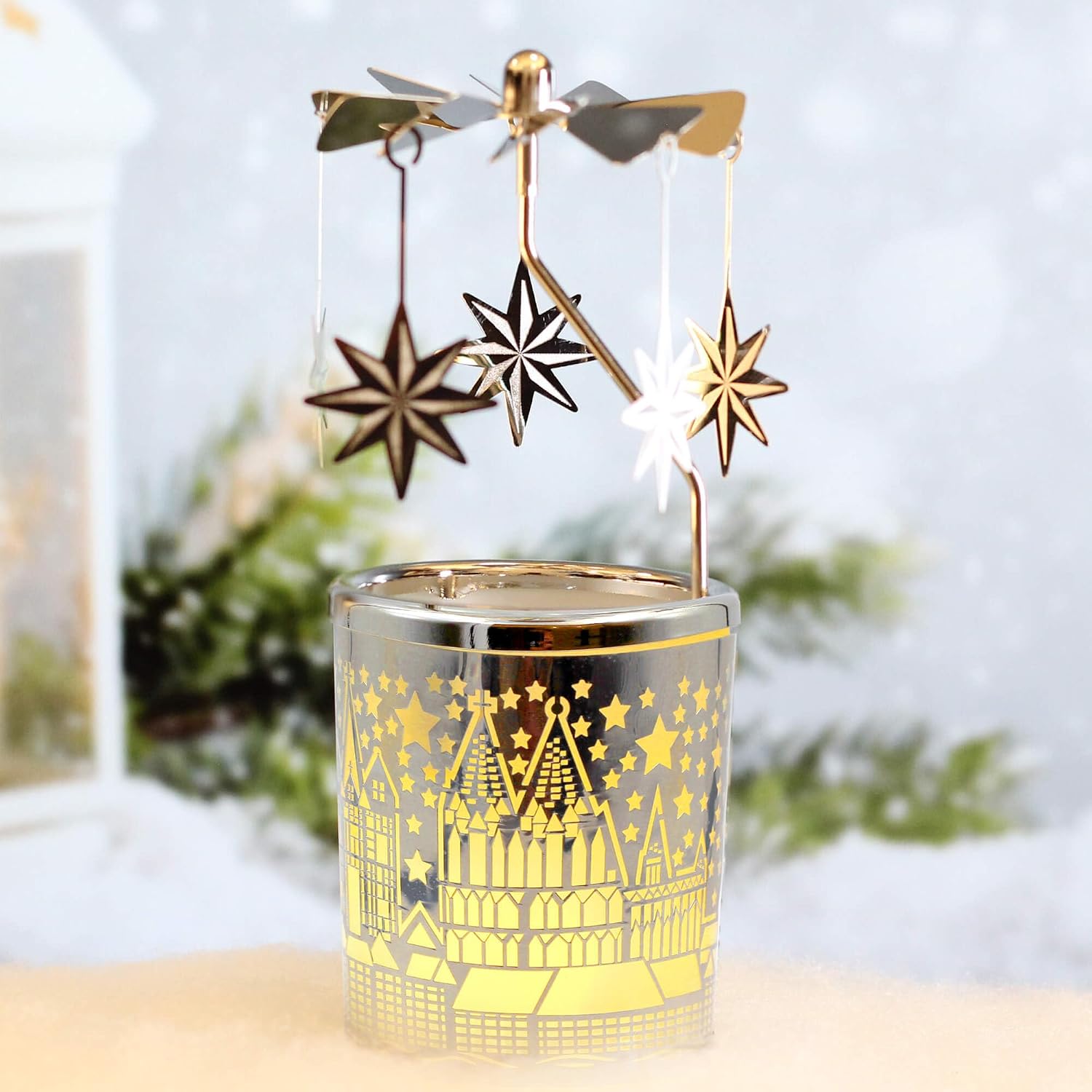 iLajao Candle Carousel Rotary Candle Holder Christmas Carousel Spinning Candleholder Metal Tealight Christmas Decoration Tables Centerpieces Valentine Easter Gifts (Moravian Star)