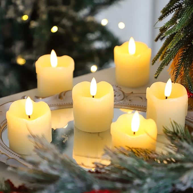 Lezonic Flameless Votive Candles Battery Operated with Remote and Timer, Pack of 6 (D:2" X H:2") LED Ivory White Long Lasting Flickering Wax Candles with Realistic 3D Flame