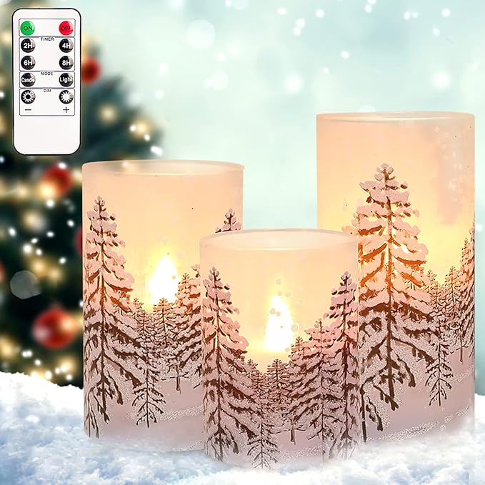 Silverstro Christmas Tree Flameless Candles with Remote Control & Timer Function, Real Wax Glass Candles, Home Party Wedding Holiday Xmas Decor, Set of 3