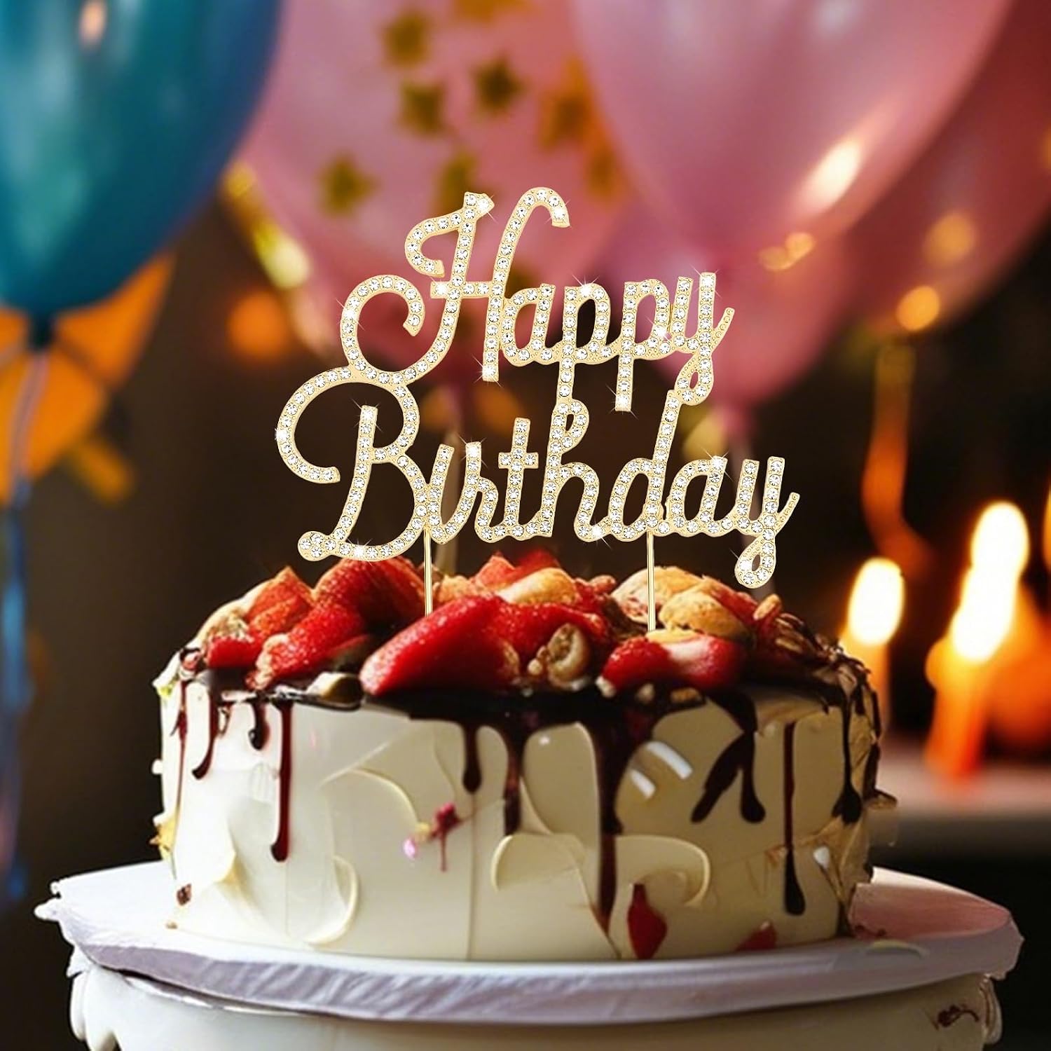 Jaciya Gold Happy Birthday Cake Topper Metal Rhinestones Birthday Cake Decorations for Women