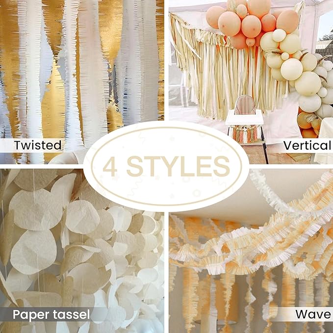 PartyWoo White Crepe Paper Streamers 4pcs 328ft Pack of Sand White Crepe Paper Streamers for Birthday Wedding Baby Shower Engagement Bachelorette Anniversary Graduation Retirement Party Decorations