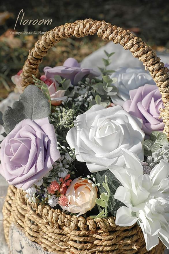 Floroom Artificial Flowers 25pcs Real Looking White Foam Fake Roses with Stems for DIY Wedding Bouquets Bridal Shower Centerpieces Floral Arrangements Party Tables Home Decorations