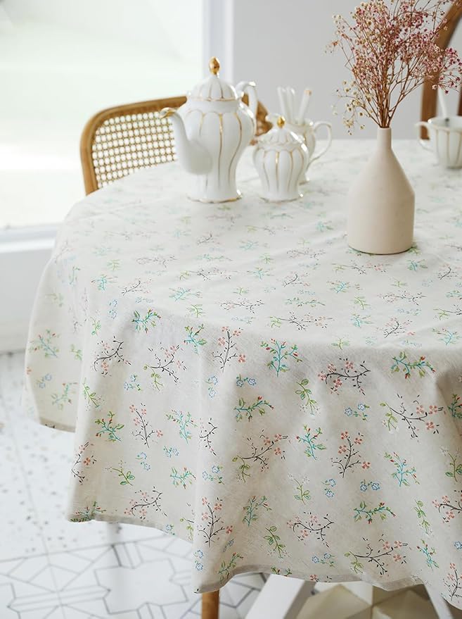 YiHomer Pastoral Round Tablecloth - 60 Inch Dia. - Beige Linen Table Cloth - Washable Table Cover with Dust-Proof Wrinkle Resistant for Restaurant, Picnic, Bistro, Indoor and Outdoor Dining, Gardenia