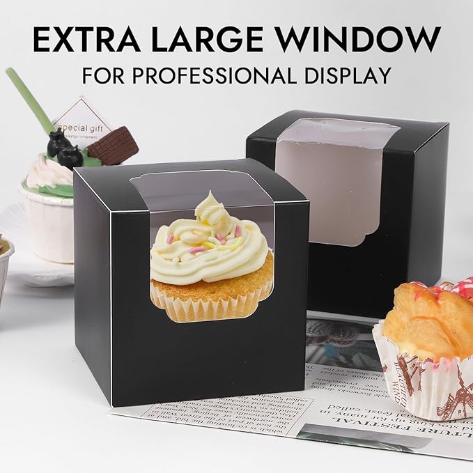 JCD 120 Boxes+120 Inserts Black Cupcake Boxes Individual Cupcake Container 3.5" x 3.5" x 3.5" Auto-Pop up Single cake Box for Bakery Gift Giving (Black/120Pcs)