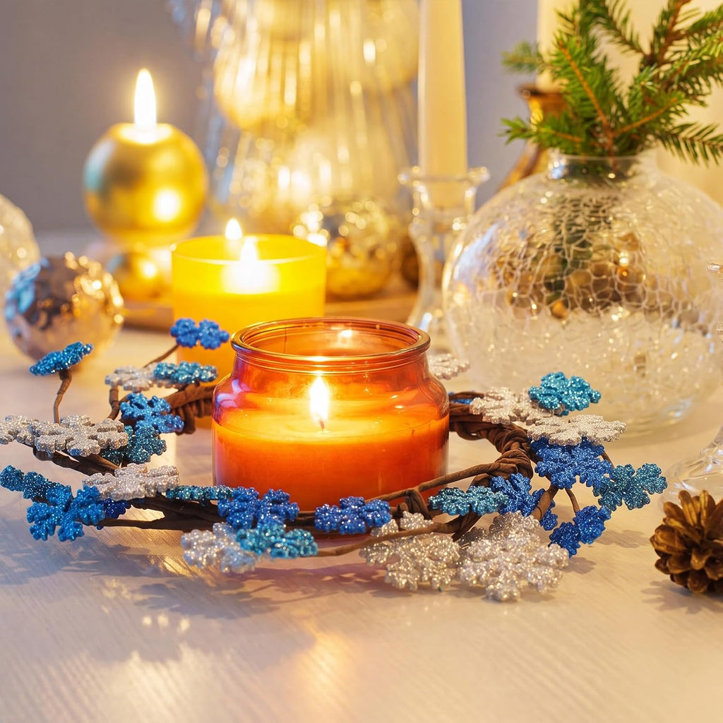 Daifunli 2 Pcs Winter Blue Snowflake Candle Rings Snowflake Wreath Glitter Vintage Wood Wreaths for Pillar 6 Inch Candles Holder for Winter Christmas Rustic Table Centerpiece Decor
