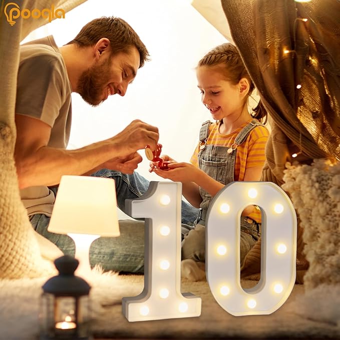 Pooqla Decorative Led Light Up Number Letters, White Plastic Marquee Number Lights Sign for 10th Birthday Party Wedding Decor Battery Operated Number (10)