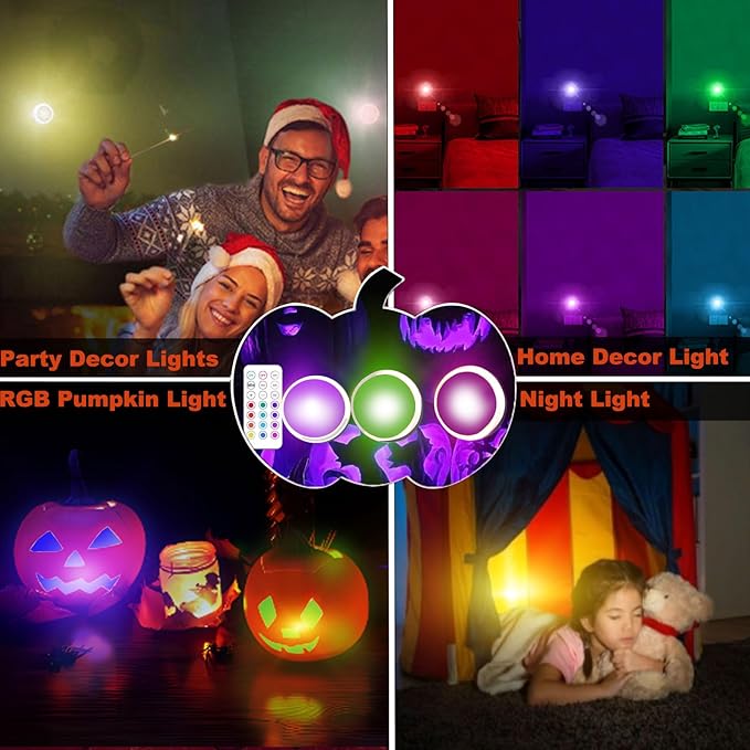 LED Color Changing Pumpkin Lights with Timer Control, Colored Puck Light Battery Operated, 16 Multi Colors LED Cabinet Light, Under Counter Lights, Valentine Day Holiday RGB Decoration Candles