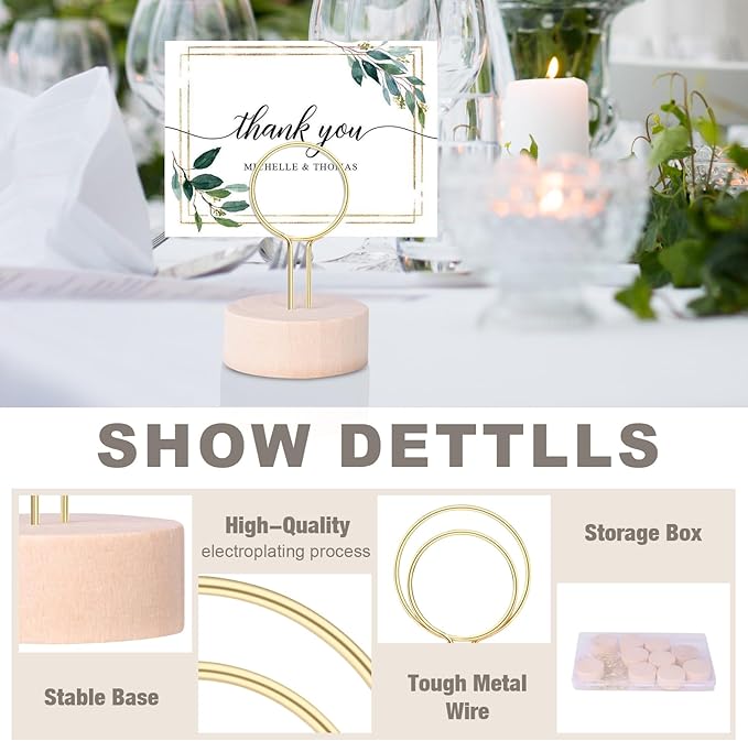 Oubest Table Number Holders Pack of 10 Metal Wire with Wooden Base for Better Stability Place Card Holders - Centerpieces, Picture Photo Sign Stands for Weddings, Party, Birthdays -Gold