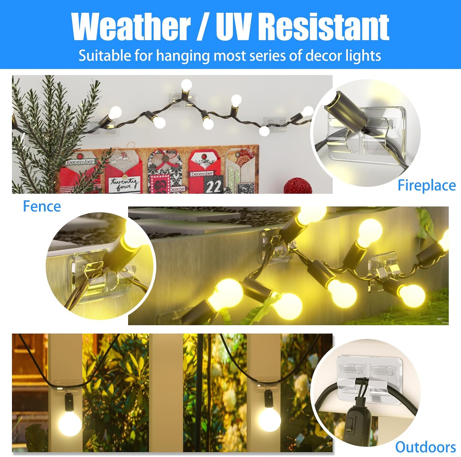 Keviyi Hooks for Outdoor String Lights Clips: 26Pcs Double Hooks for Hanging - Heavy Duty Clear Cable Clips with Waterproof Adhesive Strips - Outside Sticky Hooks No Drill