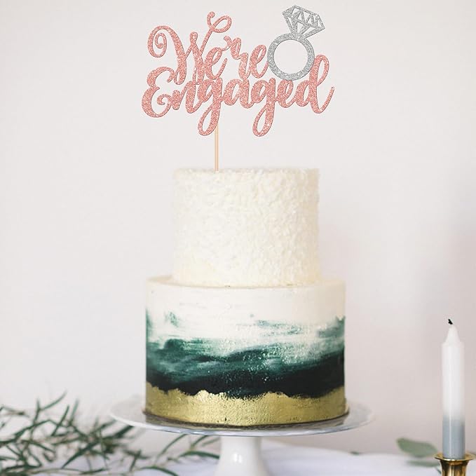 1 PCS We're Engaged Cake Topper Glitter Diamond Ring Wedding Engagement Cake Pick for Wedding Bridal Shower Theme Party Cake Decorations Supplies Gold