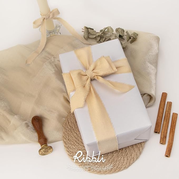 Ribbli 3 Rolls Nude Ribbon 1.5 Inch x 18Yards Beige Handmade Cotton Frayed Fringe Ribbons for Gift Wrapping Wedding Invites Bridal Bouquets Baby Shower DIY Crafts Home Decor