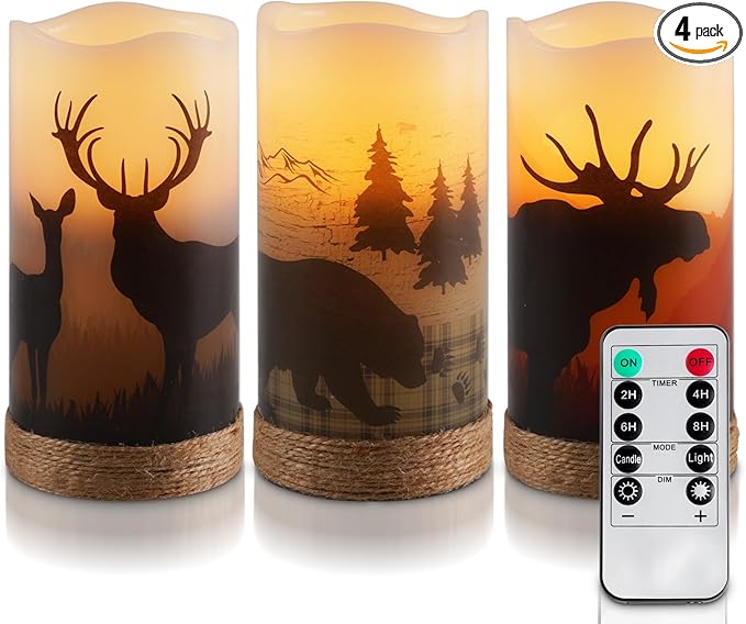 Homemory Christmas Flameless Candles Battery Operated with Rope, Deer, Bear, Moose, Remote Control and Timers, Rustic Country Home Farmhouse Cabin Decor Gifts, 3”x 6”