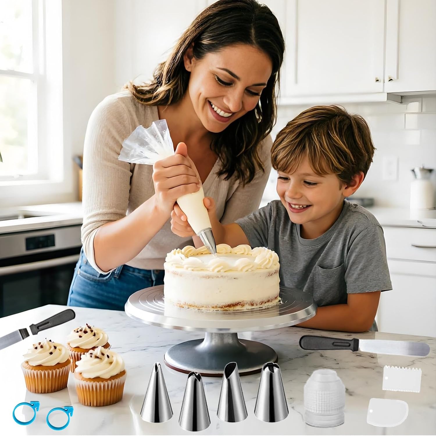 ANSLYQA Cake Decorating Kit, 237 Pcs Baking Tools | Aluminium Cake Turntable, Leveler, 24 Numbered Icing Tips, 2 Spatulas, 3 Scrapers, 50 Cupcake Liners, 100 Pastry Bags & More