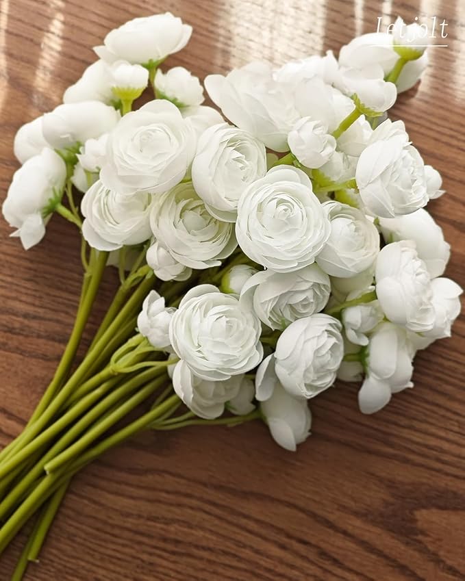 Letjolt Ranunculus Artificial Flower White Silk Flowers Faux DIY Bouquet for Wedding Engagement Centerpieces Arrangements Bridal Shower Decorations Home Decor 18pcs