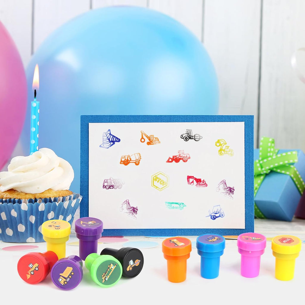 Hxezoc 24 Pieces Construction Truck Print Stamp, Mini Colorful Self Inking Stamps Party Favors Assorted Stamp Set for Classroom Party Educational Learning Activities Supplies