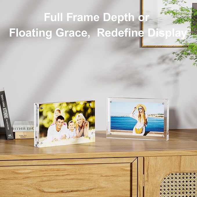 3 Pack 4x4 Acrylic Picture Frames - 20% Thicker Double Sided Magnetic Frame with UV Protection - Freestanding Clear Frameless Display for Tabletops - Modern Photo Frame Set for Home & Office Decor
