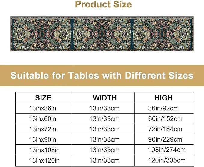 Green Morris Floral Table Runner, Boho Rustic Country Farmhouse Teal Red Rose Pattern for Home Kitchen Table Decor Dining Coffee Room Party Decor 13x36in