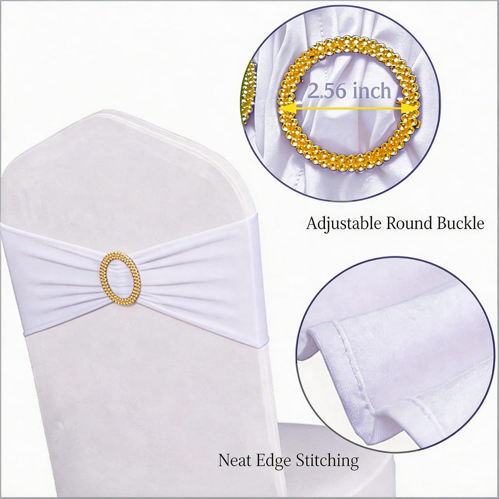 Pack of 50 Spandex White Chair Sashes with Gold Buckles, Stretch Chairs Sashes for Wedding Party Baby Shower Ceremony Event Decorations Chair Bands Bows (White Sashes, Gold Buckles)