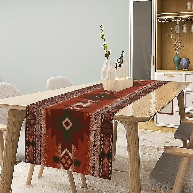Aztec Table Runner Southwestern Ethnic Style Geometric Navajo Tribe Abstract Pattern Vintage Rustic Table Dinner Table Runner 13x90 Inch