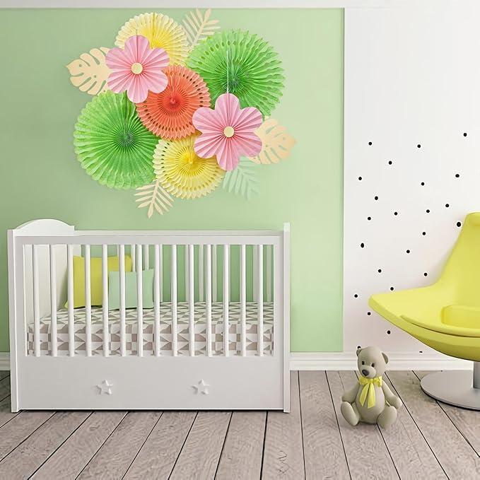 SUNBEAUTY Paper Flowers Pink and Green Party Decorations Hanging Fans Spring Summer Decor for Wall Wedding Backdrop Bridal Shower Birthday - 9Pcs