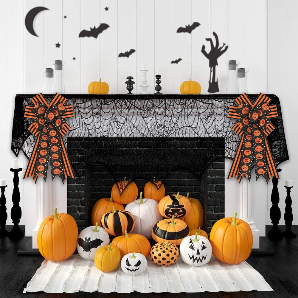 Large Halloween Wreath Bows Halloween Bows Orange Strips Pumpkins Spots Burlap Bows for Wreaths, Halloween Ribbon Bows Tree Topper Bows for Home Indoor Outdoor Decoration Wreath Ornament Supplies