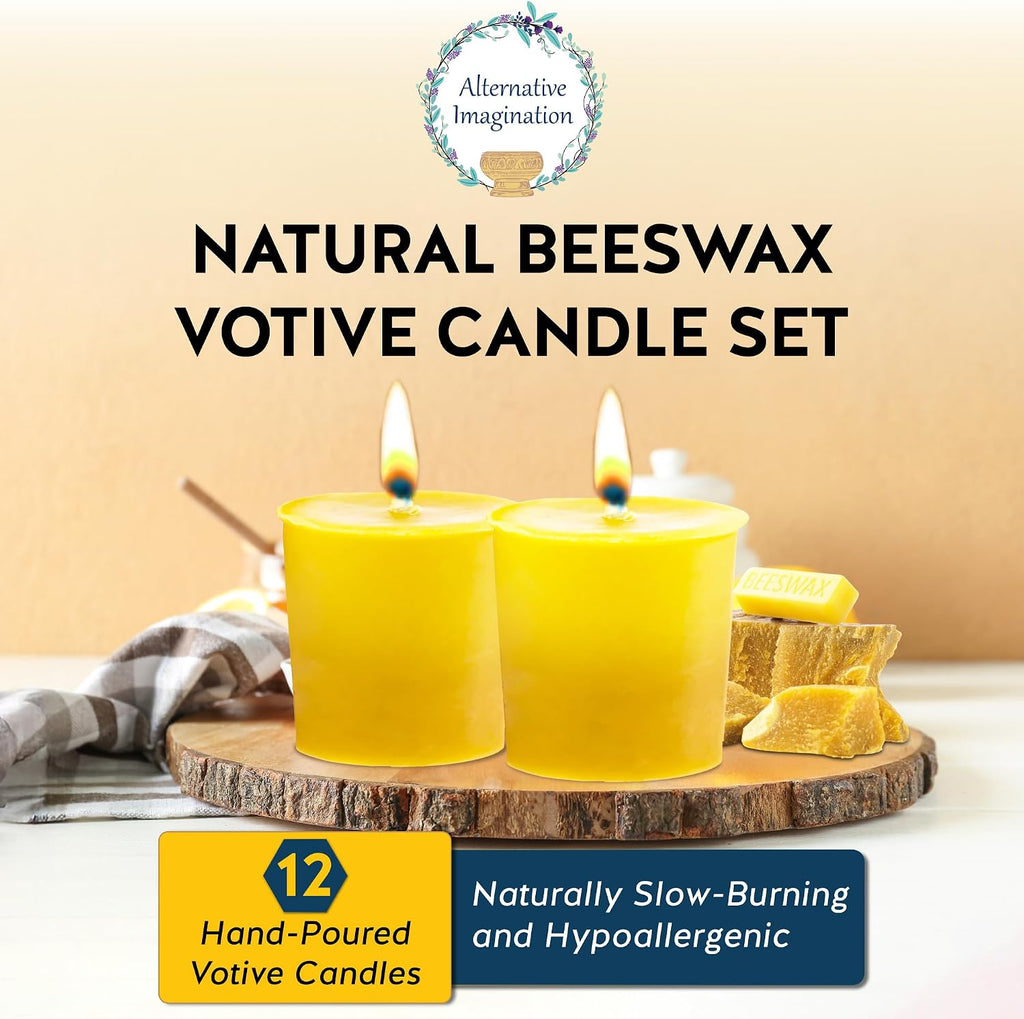 12 Pack of Beeswax Votive Candles - 100% Pure, Natural Beeswax with Natural Light Honey Scent - 15 Hour Burn - Alternative Imagination