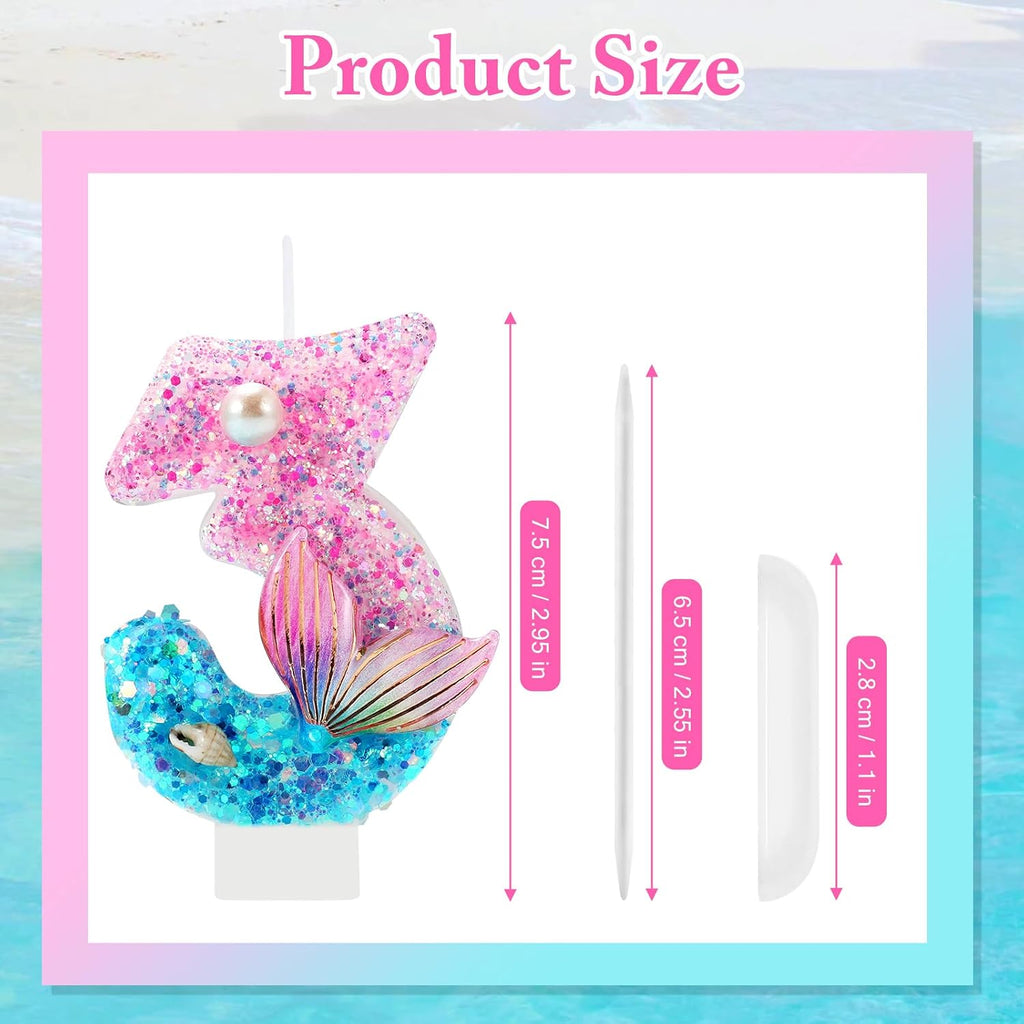 AKURIEEY Mermaid 3rd Birthday Candle Pink Blue Numbers 3 Candle for Girls Cake Topper Cupcake Decorations Ocean Theme Party Decor Anniversary Celebrations Supplies