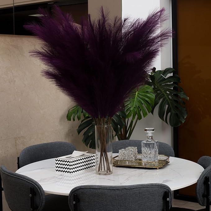 EVODIS Pampas Grass Decor Tall, 43"/110cm Faux Pampas Grass 6 Stems Large Pompass Grass Branches Tall Bulk Boho Flower Arrangement for Home Room Wedding Party Decor(Purple)