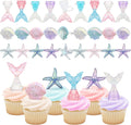 Kenning 48 Pcs Resin Mermaid Theme Cupcake Ring Toppers Seashell Mermaid Tail Starfish Cupcake Topper for Ocean Theme Birthday Party Cake Decorations Baby Shower Weeding Anniversary Sea Party Supplies