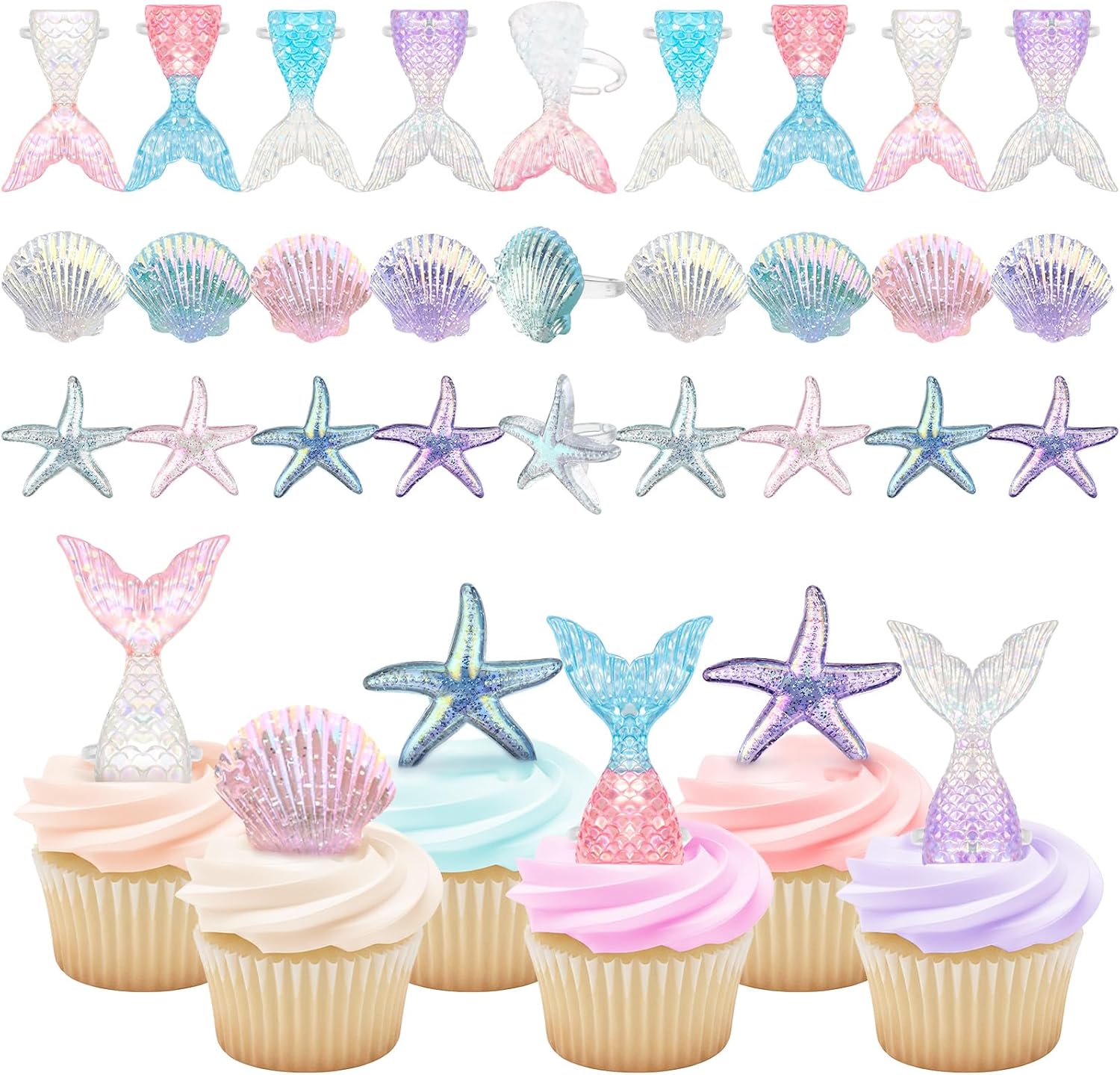 Kenning 48 Pcs Resin Mermaid Theme Cupcake Ring Toppers Seashell Mermaid Tail Starfish Cupcake Topper for Ocean Theme Birthday Party Cake Decorations Baby Shower Weeding Anniversary Sea Party Supplies