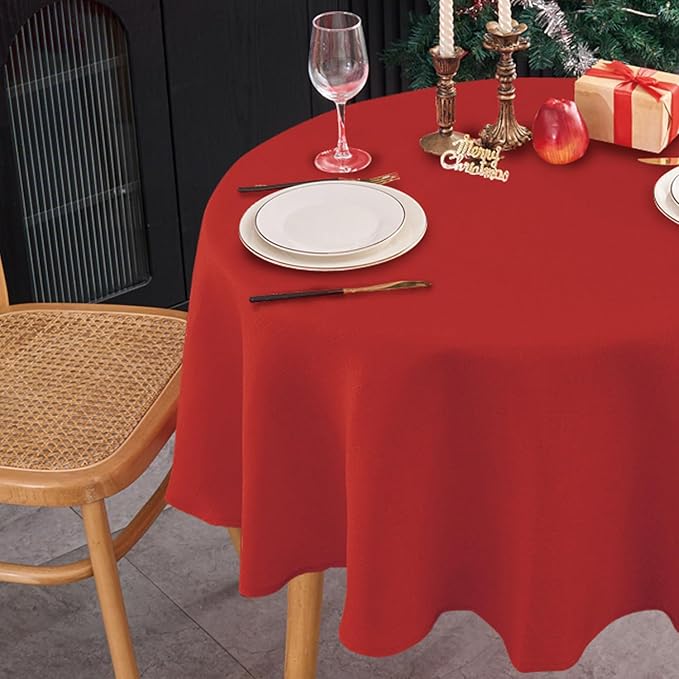 NLMUVW Red Linen Tablecloth Round, Christmas Table Cloth Water Resistant Textued Table Cover for Kitchen Dining Coffee Party, 48 Inch