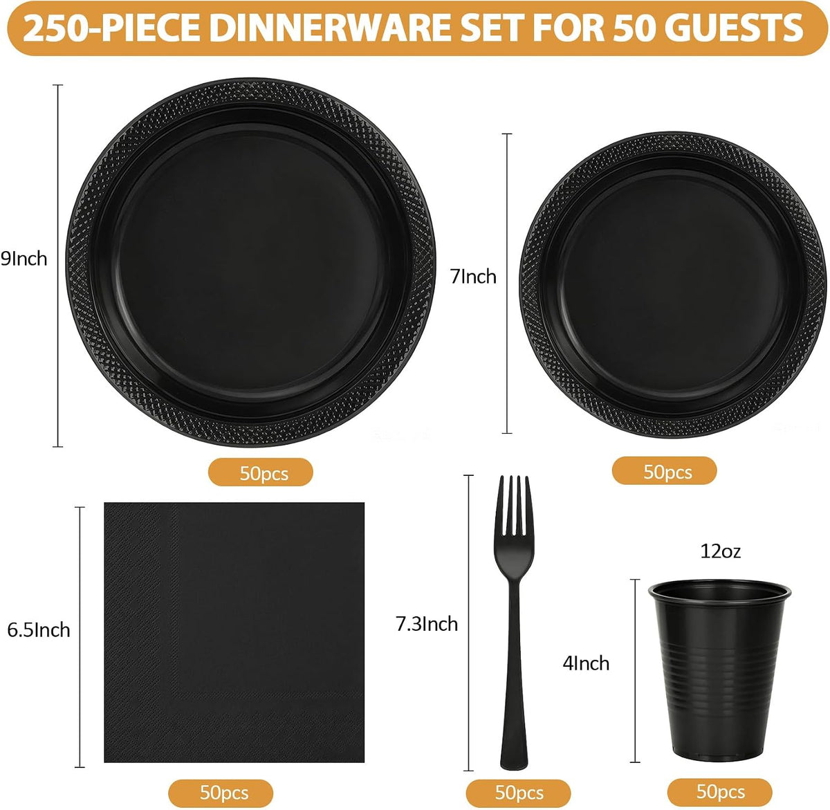 250pcs Disposable Black Plastic Plates and Napkins Party Supplies for Party
