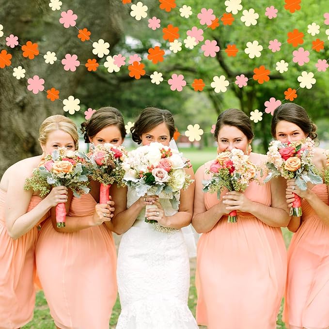 Orange-Pink Fall Party-Decorations Streamers-Garland - 52ft Boho Flower Hanging Paper Banner, Groovy Birthday Baby Bridal Shower Bachelorette Wedding Engagement Thanksgiving Day HalloweenDecor Hugfond