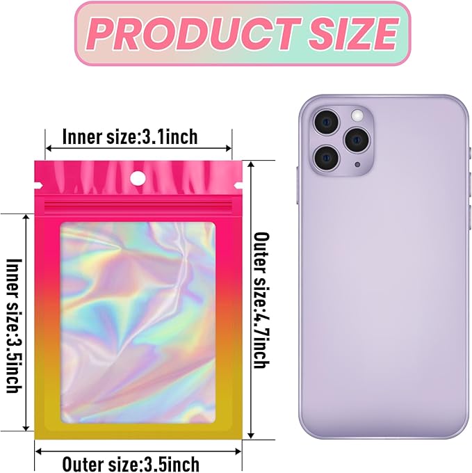 Funfery 100 Pack Gradient Holographic Bags,Mylar Resealable Bags with Zipper,Clear Window Packaging Pouchs,Smell Proof Bag for Food Storage,Sample Jewelry Bag(3.5x4.7In,Hot Pink Orange)