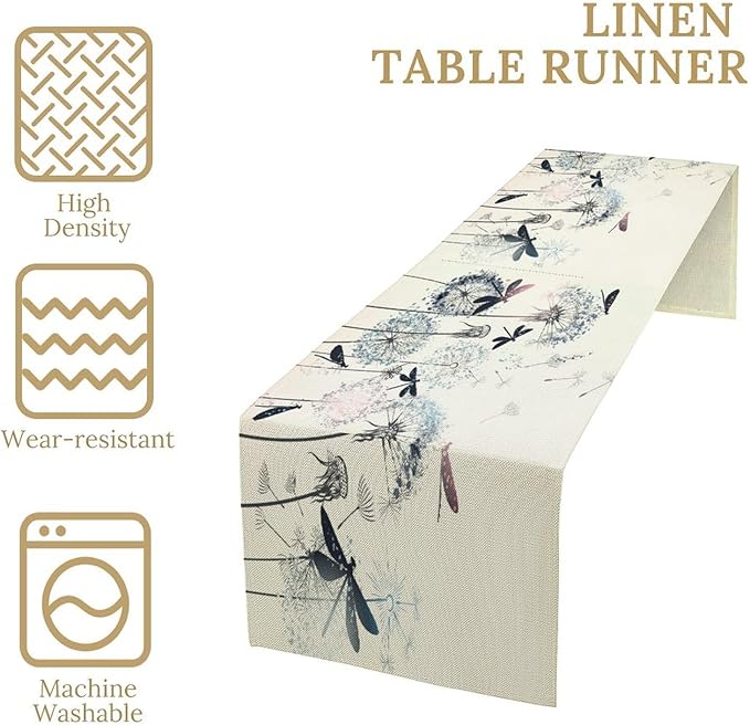 Dandelion Table Runner,Nature Rustic Dragonfly Teal Blue Floral Pattern Print Burlap Tablecloth for Hotel Indoors Outdoor Dining Room Kitchen Table Decor, 13x60in
