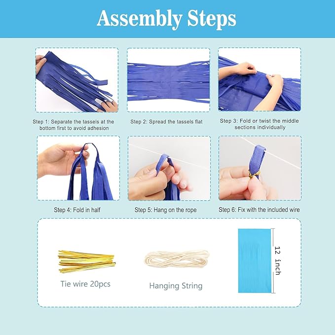 Blue and Orange Tissue Paper Tassel Garland,Tissue Tassel Banner for Party Decorations,Pack of 20