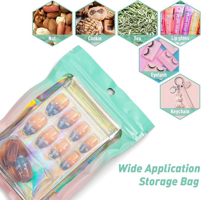 Funfery 100 Pack Gradient Holographic Bags,Mylar Resealable Bag with Zipper,Clear Window Packaging Pouch,Smell Proof Bags for Food Storage,Sample Jewelry Baggies(3.1x5.1In,Green Pink)