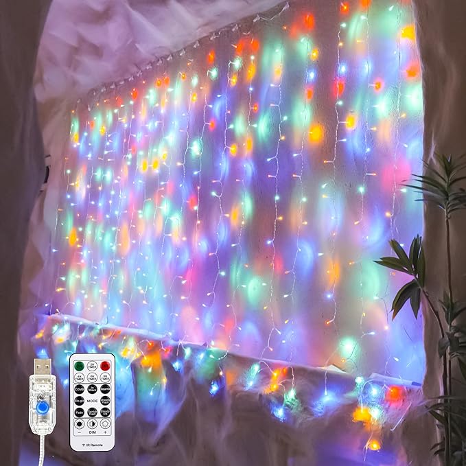 Curtain Light for Bedroom, 200LED 6.6x6.6ft Multicolor Window Wall Hanging Fairy Curtain String Light, 8 Modes Remote Fairy String Lights Indoor for Wedding Party Home Garden Decorations
