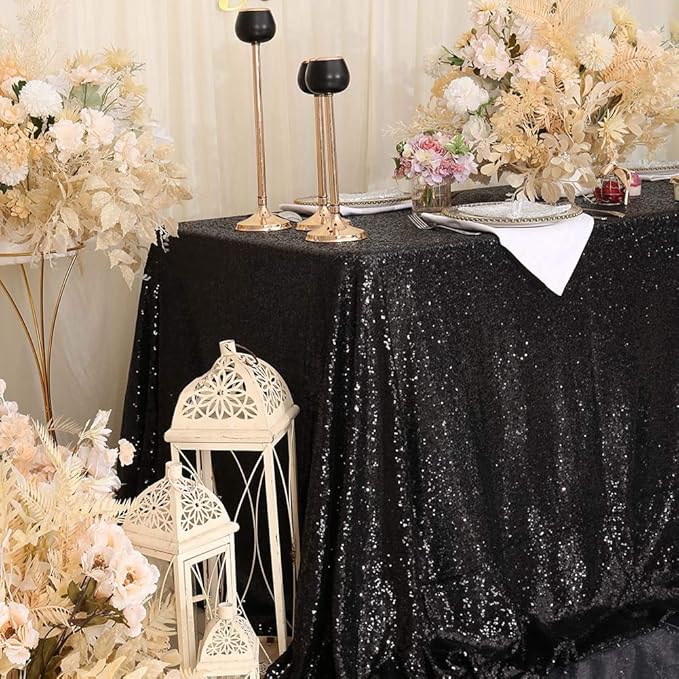 SquarePie Sequin Tablecloth 90 x 132 Inch Black Sparkly Table Linen for Halloween Wedding Party