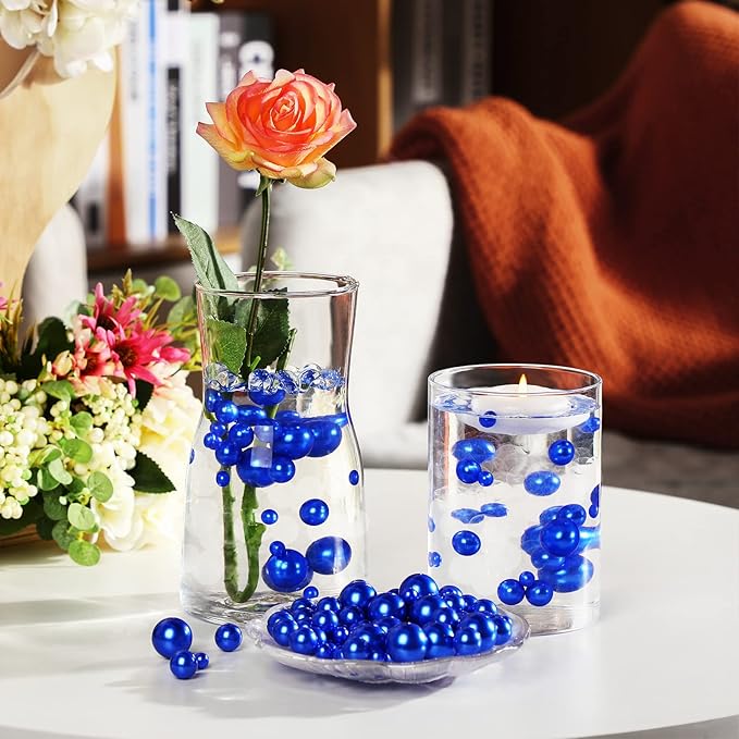 150 Pieces Vase Filler Faux Pearls Vase Makeup Beads No Hole Gloss Bead Mixed Sizes Round Pearl for Home Party Wedding Decor, 8/14/20 mm(Royal Blue)